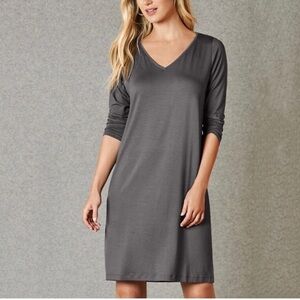 Eileen Fisher gray stretch knit t-shirt shift dress v-neck PS petite casual fall